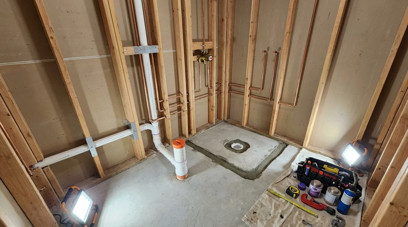 Bathroom rough-in plumbing during remodel by Johns Plumbing LLC in Bayside