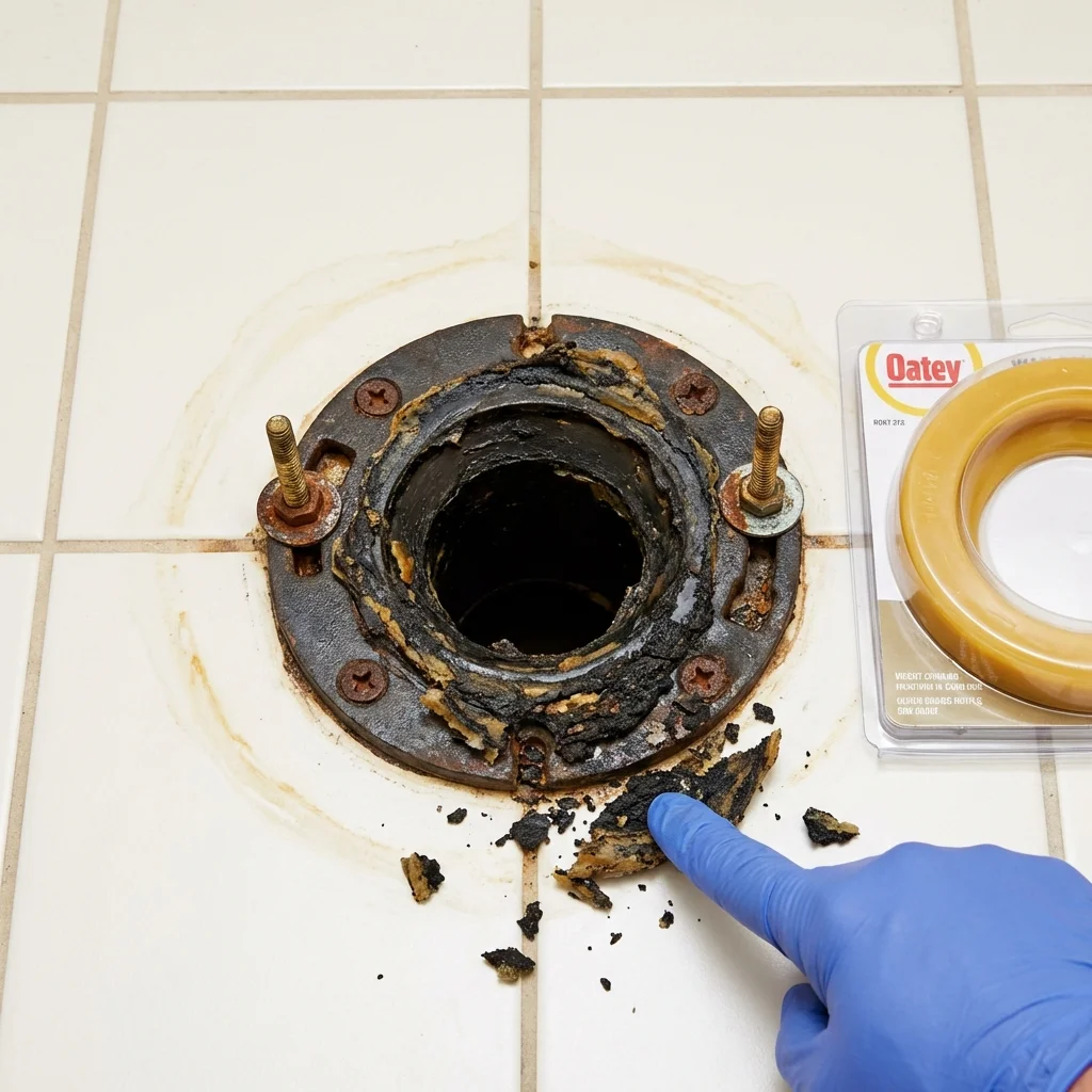 Failed wax ring showing water seepage at the base of a toilet in a Bayside, NY home