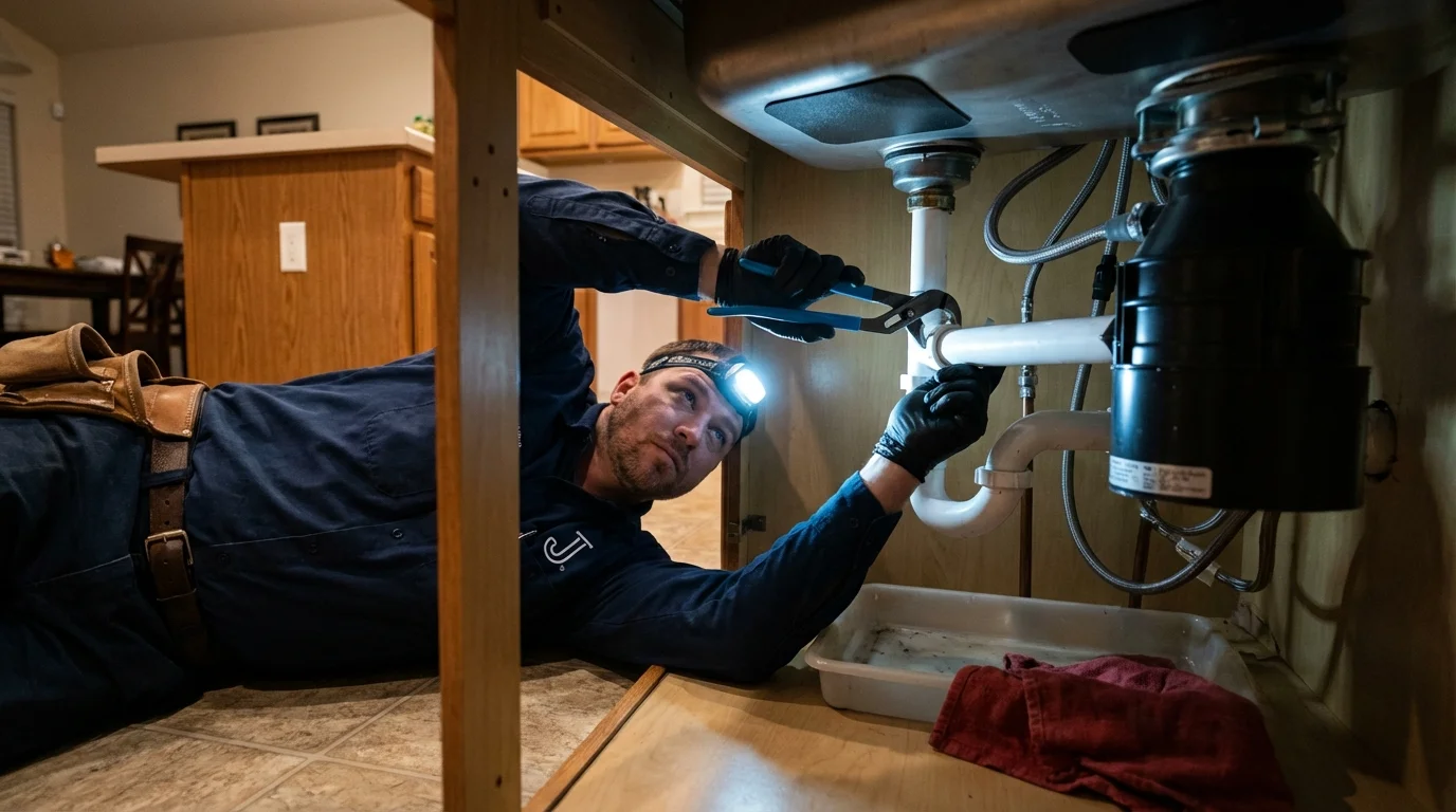 P-trap and supply line connections under a kitchen sink showing a common leak point in Bayside, NY